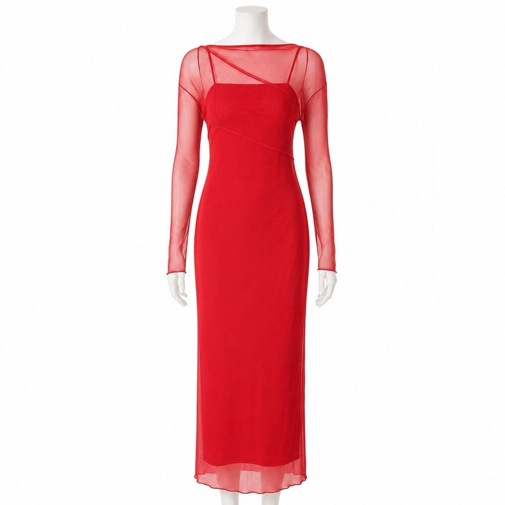AFRM Los Angeles Red Sheer Long Sleeve Maxi Dress Mesh Bodycon